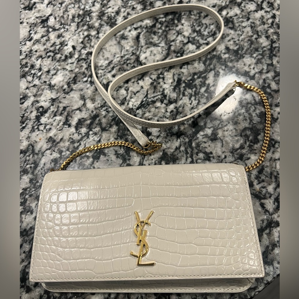 SAINT LAURENT monogram croc embossed leather phone holder
